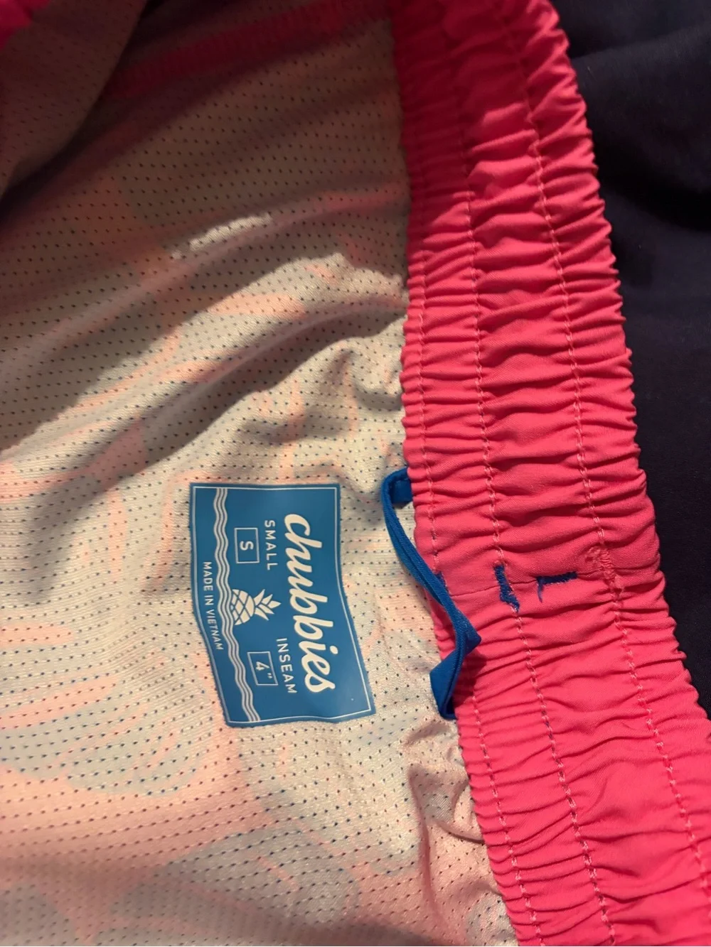 chubbies Blue Swim Board Shorts with Coral Waistband and White Drawcord